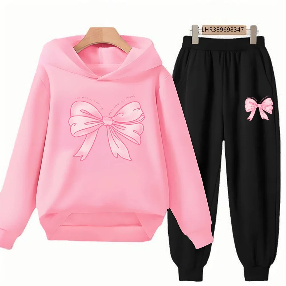 Fashion Kids Clothes Bow Print Children Hoodie 3-12 Years Boys Girls Red Pink Casual Tops+Pants Sets Long Sleeves Autumn