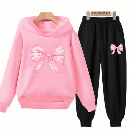 Fashion Kids Clothes Bow Print Children Hoodie 3-12 Years Boys Girls Red Pink Casual Tops+Pants Sets Long Sleeves Autumn