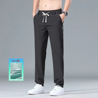Men's Ice Silk Trousers Solid Color Korean Loose Breathable Straight-Leg Casual Pants Thin Quick-Drying Sports With Pockets