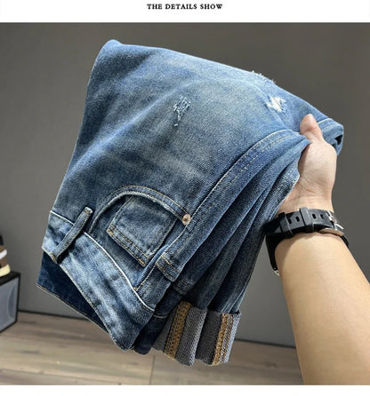 New Men's Ripped Jeans Personality Fashion Tapered Hole Frayed Denim Trousers Streetwear Casual Vintage Blue Pants Male Clothes