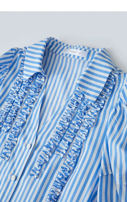 Minimalist New Summer Style 2025 Shirt for Women Turn Down Collar V-neck Lantern Sleeves Blue White Stripes Shirt 12542087