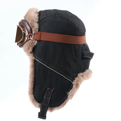Retro Unisex Aviator Trapper Hat Faux Fur Thick Warm With Goggles Earflap Winter Cap For Cycling Outdoor Cold Protection