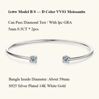 Four Prong Moissanite Cuff Bangle 5mm 0.5CT Round Cut D Color 925 Silver Open Hand Chain Bracelet For Women Girl Lady Gift