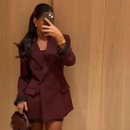 Vintage Wine Red Blazer Jacket Women Fashion Double-Breasted Long Sleeve Suit Jackets Female 2026 New Spring Lapel Office Coat