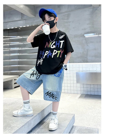 Luxurious Boys Set Summer Outfit Suit Age 5 6 7 8 9 10 11 12 13 14 Years Child Clothing Set Kids Letter T-shirt and Denim Shorts