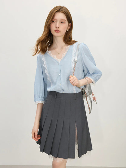 2025 Summer Women's Artisan Lace V-Neck Blouse - Navy Blue Romantic Design & Lightweight Chiffon for Chic Occasions
