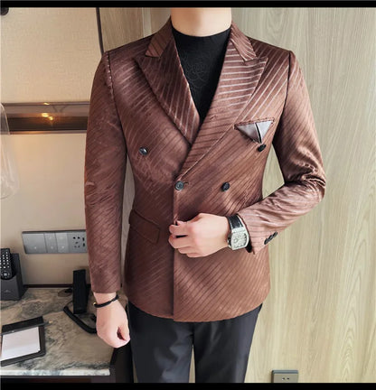 British Style Luxury Men Double Breasted Twill Suit Jacket High Quality Fashion Business Slim Fit Groom Social Party Suit Dress