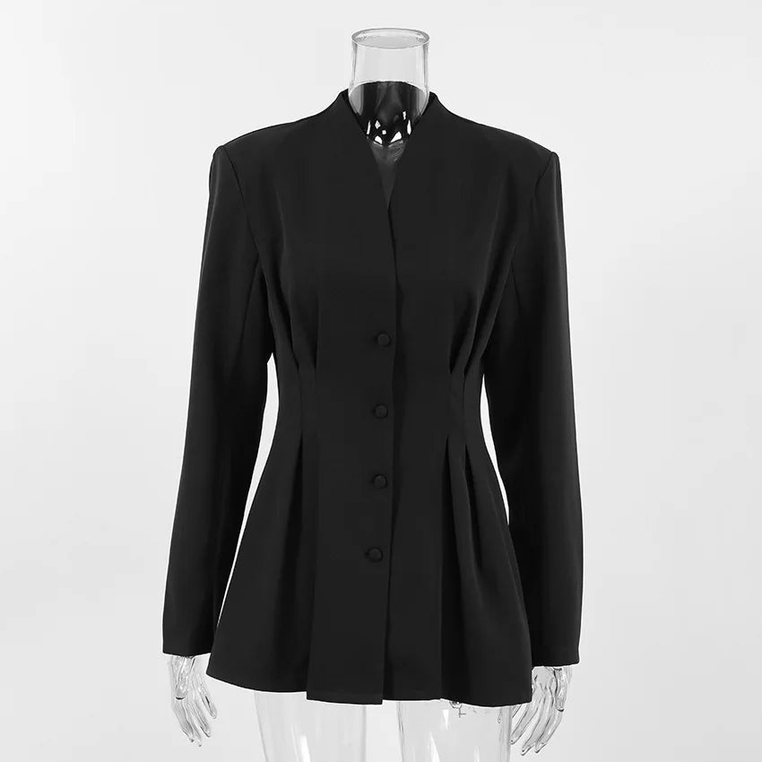 Elegant V-neck Tunics Black Suit 2026 Spring Women's Long Sleeve Single Breasted Slim Blazers Ruched Outerwear Streetwear