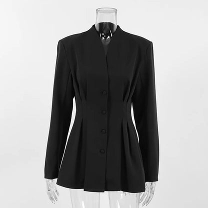 Elegant V-neck Tunics Black Suit 2026 Spring Women's Long Sleeve Single Breasted Slim Blazers Ruched Outerwear Streetwear