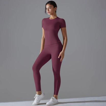 Yoga Set Women Workout Set Sportswear Gym Clothing Fitness Shorts Sleeve Crop Top High Waist Leggings Sports Suits