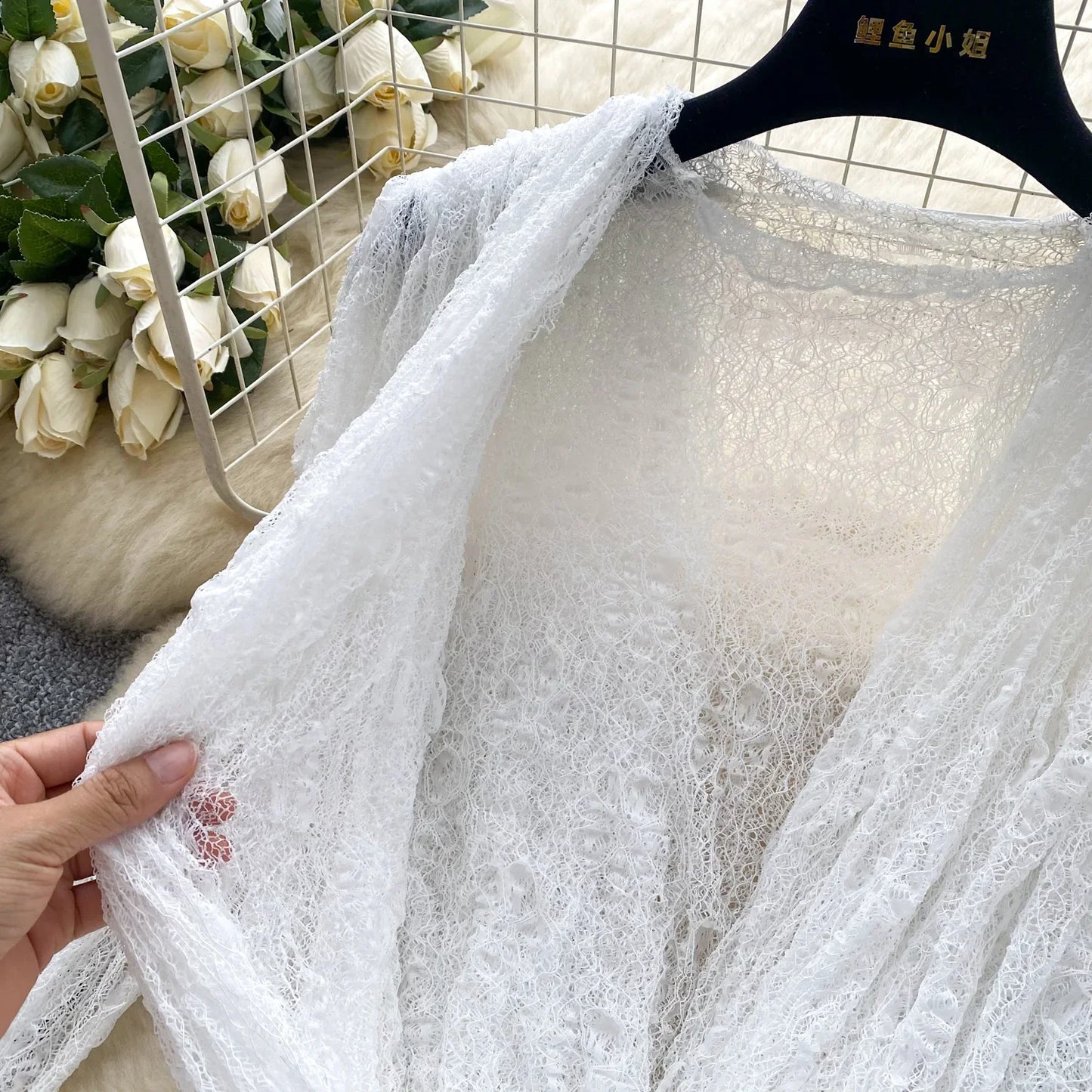 Autumn Streetwear Tops Suits Women O Neck Full Sleeves Thin Sheer Lace Shirts+Sleeveless Outerwear Ruffles Tank Top