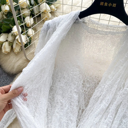 Autumn Streetwear Tops Suits Women O Neck Full Sleeves Thin Sheer Lace Shirts+Sleeveless Outerwear Ruffles Tank Top