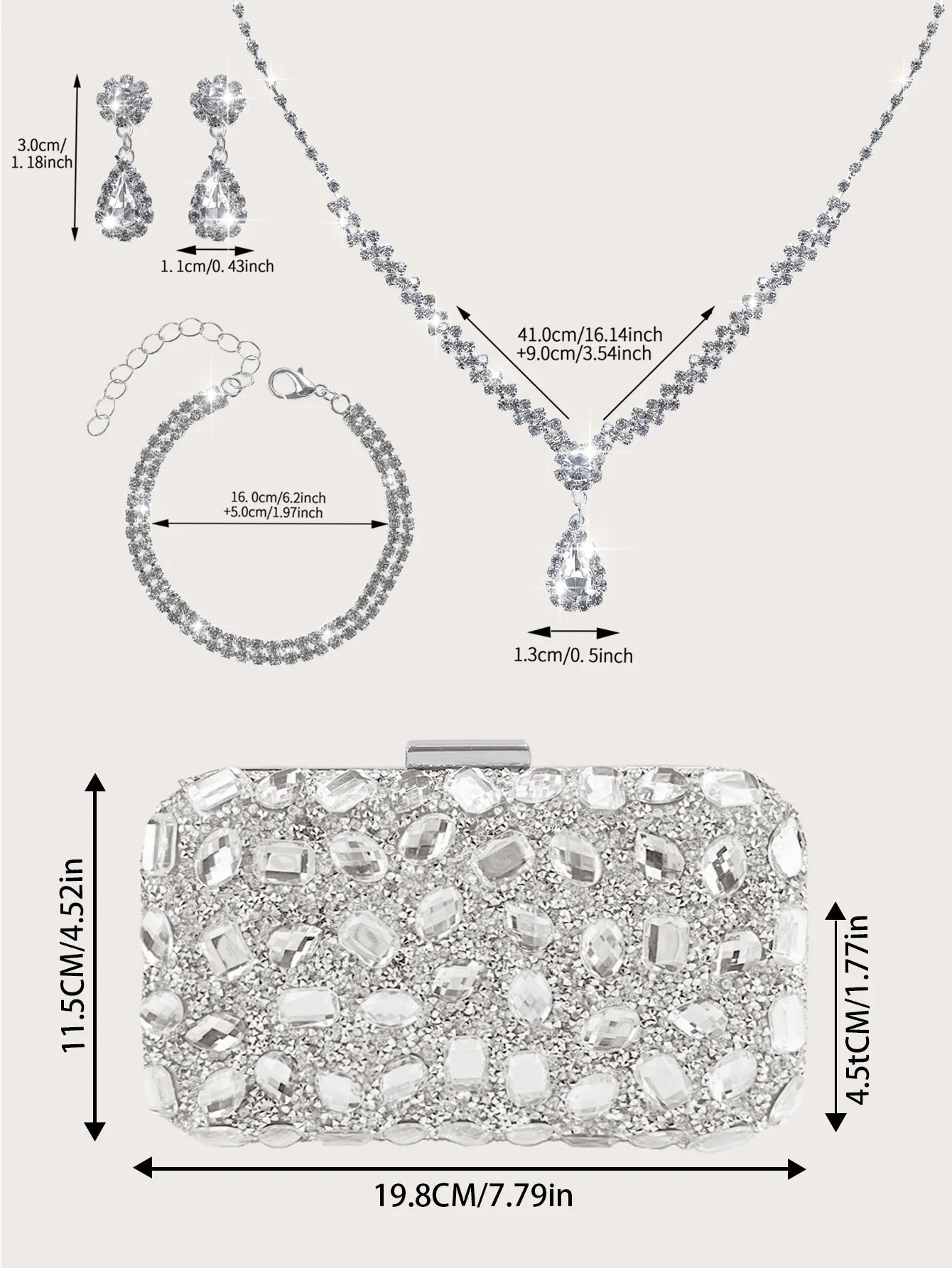 Fashionable and Luxurious, Simple Rhinestone Party Clutch and Box Bag, Exquisite and Elegant Women's Evening Bag, Paired with a Gorgeous Rhinestone Pendant Necklace, Bracelet, and Earrings Four-Piece Set, Perfect Wallet for P