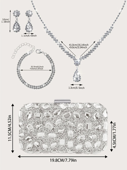 Fashionable and Luxurious, Simple Rhinestone Party Clutch and Box Bag, Exquisite and Elegant Women's Evening Bag, Paired with a Gorgeous Rhinestone Pendant Necklace, Bracelet, and Earrings Four-Piece Set, Perfect Wallet for P