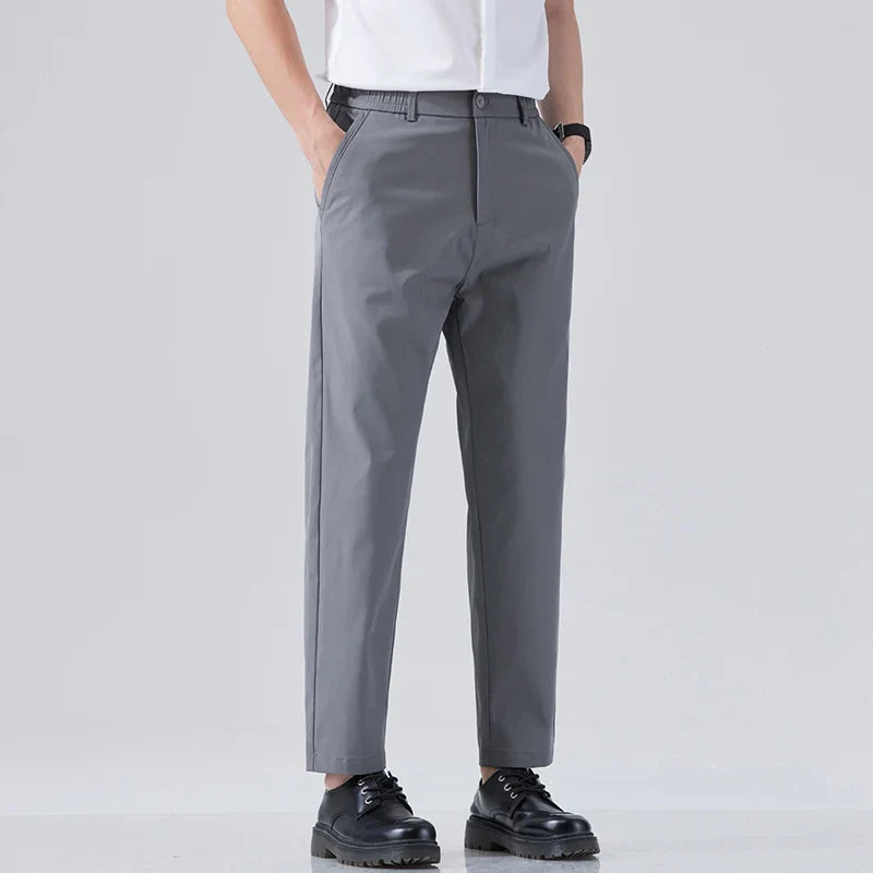 2026 Spring Summer Thin Ice Silk Suit Pants Men's Business Straight Slim High Elastic Ankle Length Casual Pants Male