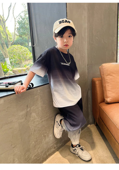 Summer Boys Gradient Contrast Alphabet t-Shirt Tops+Pant Workout Sets School Kids 2PCS Tracksuit Children Jogger Outfits 5-16 Yr