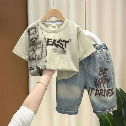 New Summer Casual Boys Clothing Set Handsome Letter Short Sleeve T-shirt + Shorts Jeans Outfit For Kids 2-8 Years Children Suits