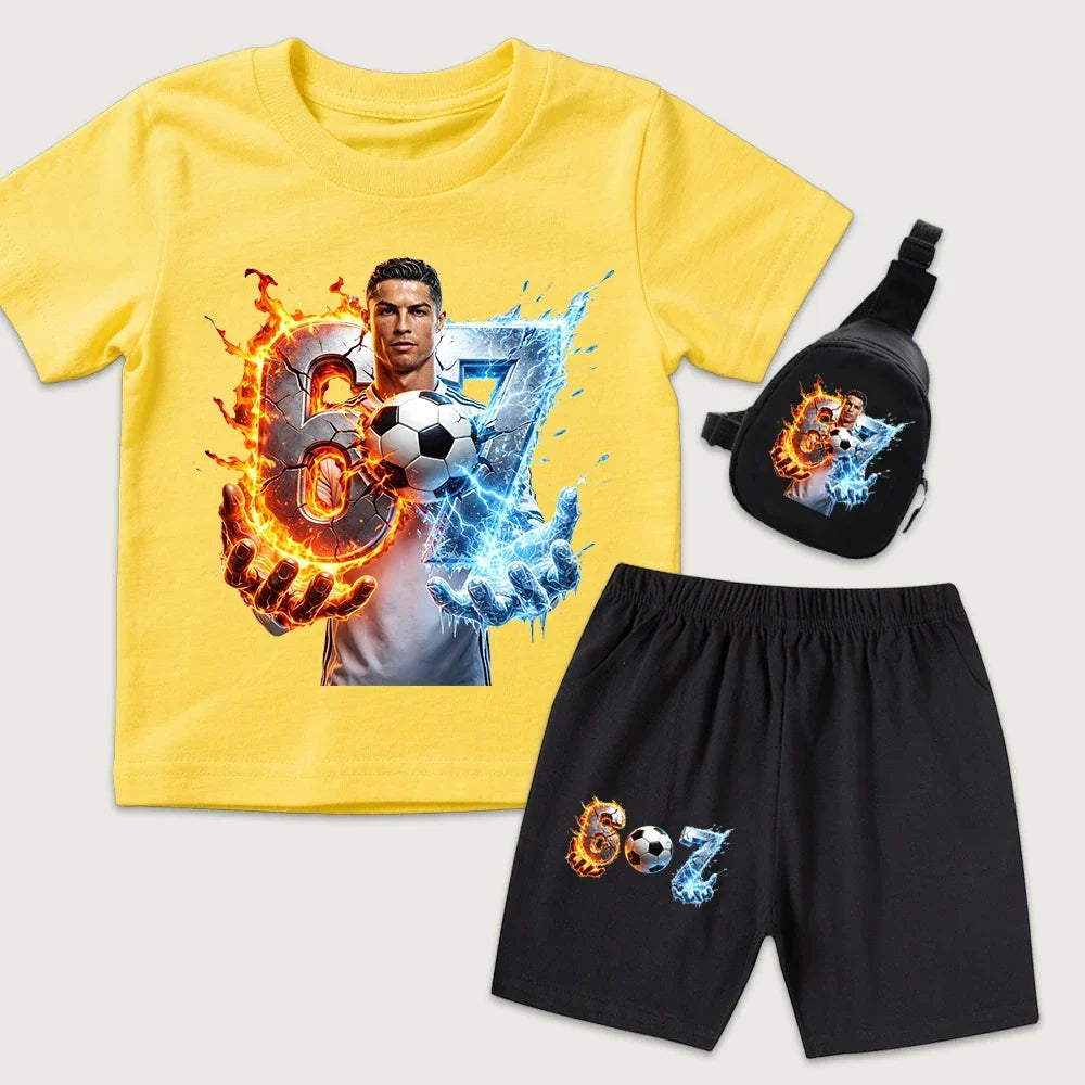 CR7 Ronaldo 67 Print Kids Cotton T Shirt Short Sleeve Casual Top with Mini Chest Bag Set for Boys Girls