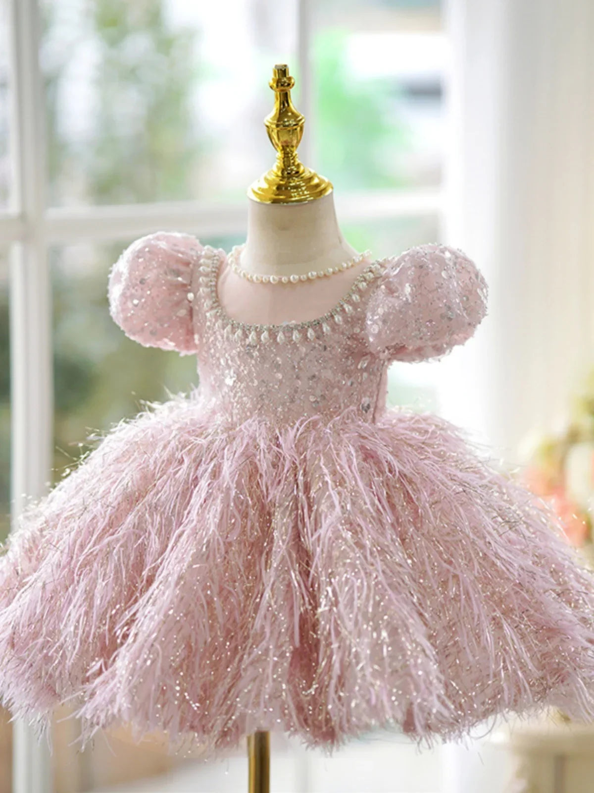 Fashion Baby Girl Princess Sequins Feather Dress Puffy Sleeve Toddler Child Pearl Vestido Party Birthday Baby Clothes 2-14Y