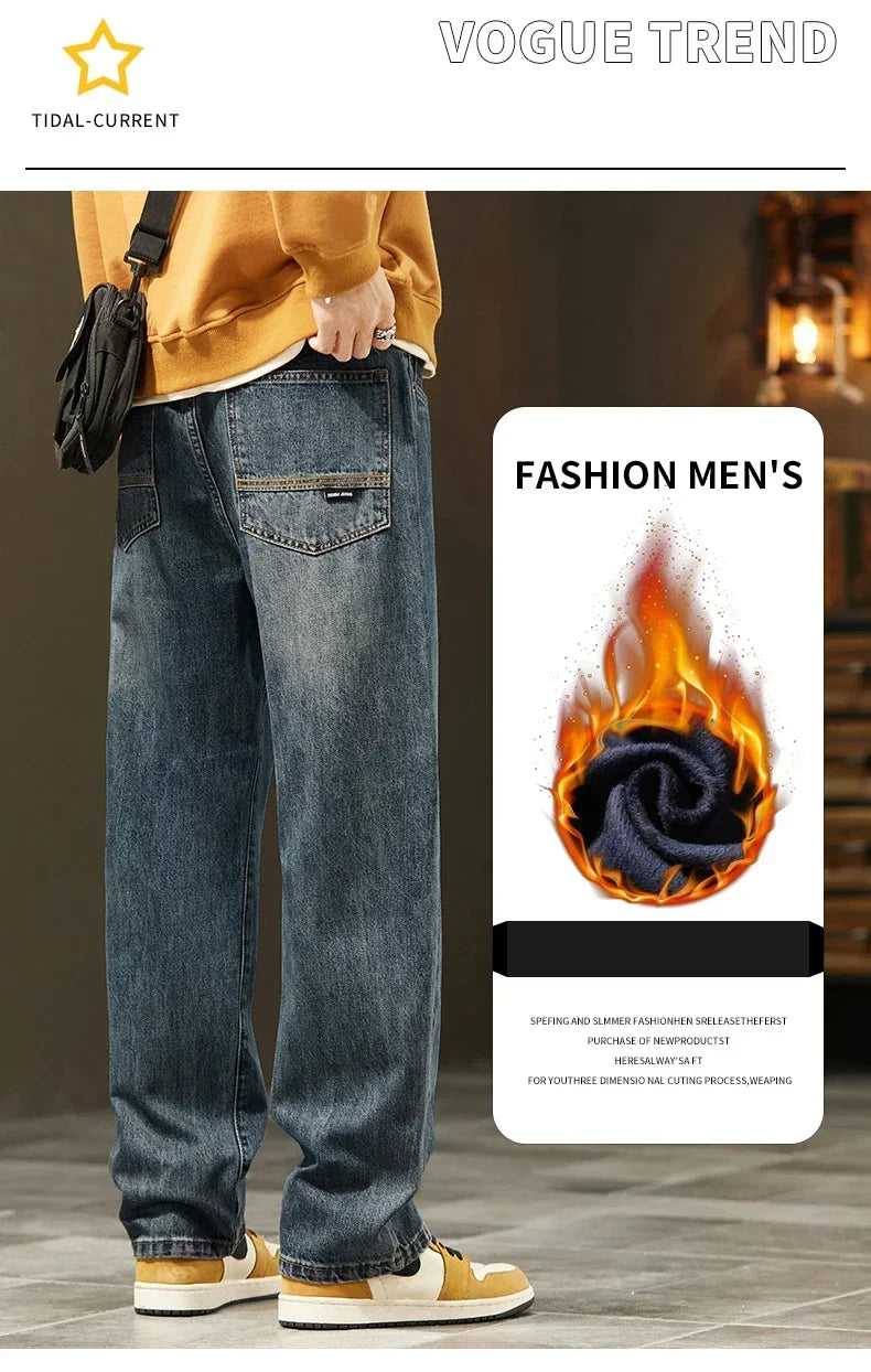 Thick Vintage Jeans Men's Winter Straight Warm Fleece Baggy Thermal Denim Trousers Fashion Korean Wide Male Plush Pants