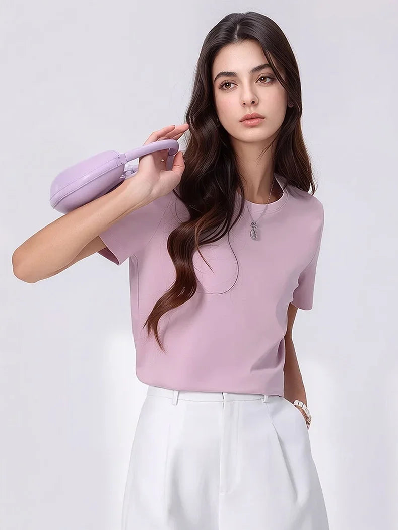 Women Solid T shirts, Silk Cotton Blend, O Neck, Short Sleeved Solid Tee,2025 Summer Candy Colors Basic Cozy Top Green