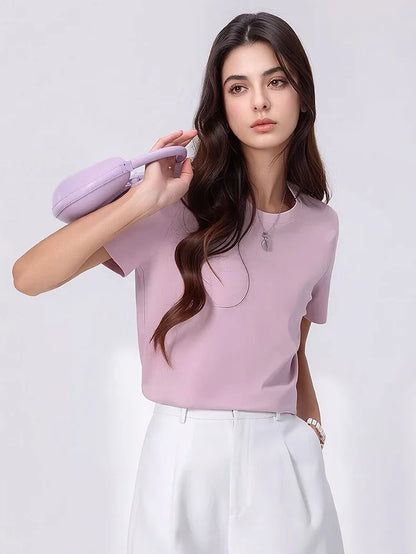 Women Solid T shirts, Silk Cotton Blend, O Neck, Short Sleeved Solid Tee,2025 Summer Candy Colors Basic Cozy Top Green