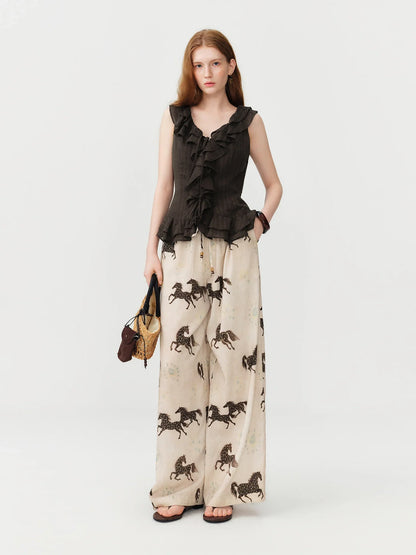 Retro Ruffled Tie-Waist Sleeveless Fitted Waist Shirt Women's 2026 Summer New Top Korean Style Sweet Girls Silk