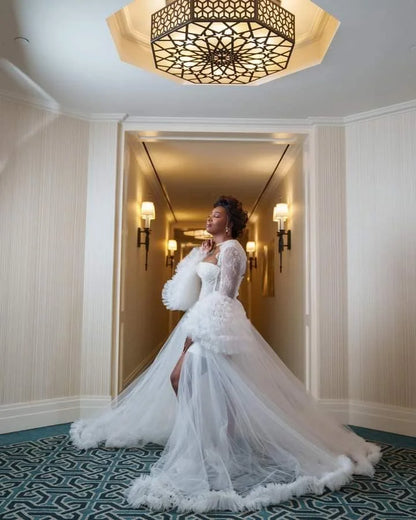 Luxury Bridal Robe Dress Maxi Wrap Customized Lingerie Women Fotos Gowns Boudoir Bathrobe Lace Wedding Dress For Babyshower
