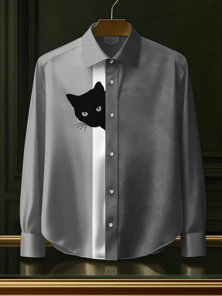 Men's Funny Shirts Harajuku Japanese Men Fun Hide And Seek Black Cat Print Casual Shirt 2025 Summer Holiday 3D Printing Blouse T