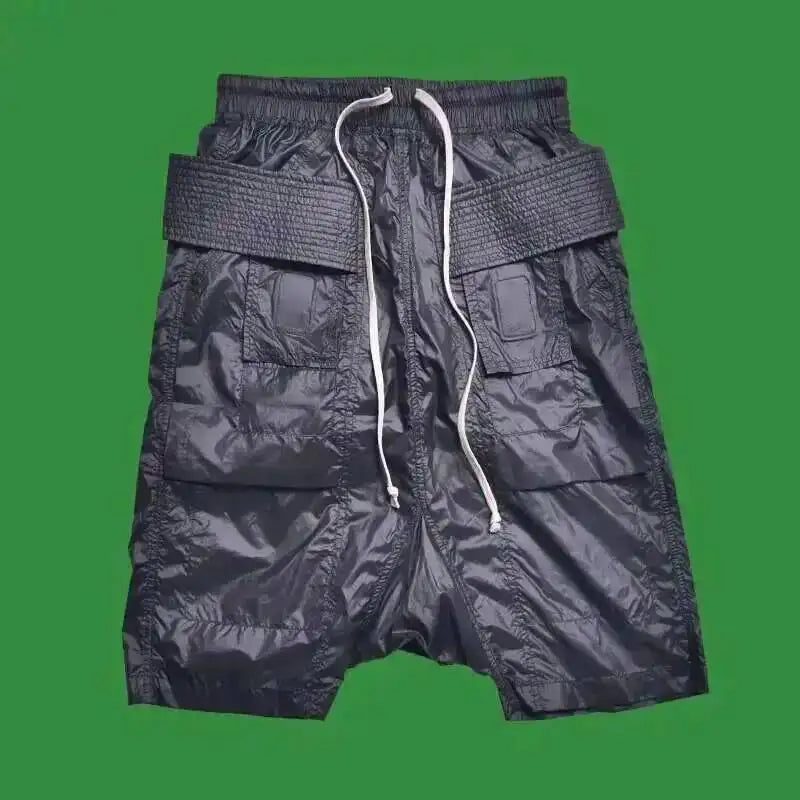 Dark Style Double Ring Fharem Knee Legnth Pants Summer High Street Fashion Drawstring Loose Fit Black Men 's Shorts 12C1243