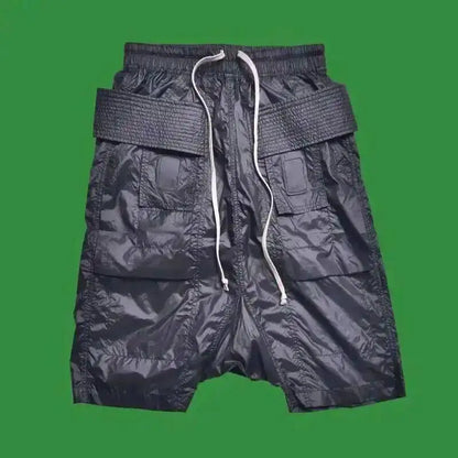 Dark Style Double Ring Fharem Knee Legnth Pants Summer High Street Fashion Drawstring Loose Fit Black Men 's Shorts 12C1243