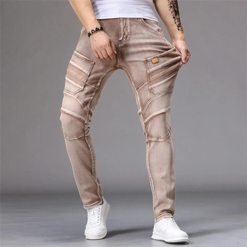 Men's Patchwork Skinny Ripped Jeans Fashion Trousers Elastic Slim Hole Biker Denim Pants Hip-hop Rock American Streetwear