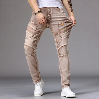 Men's Patchwork Skinny Ripped Jeans Fashion Trousers Elastic Slim Hole Biker Denim Pants Hip-hop Rock American Streetwear