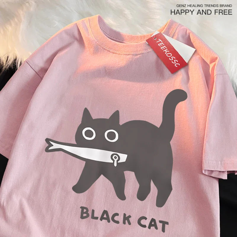 Fun A Black Cat Eating Fish Japanese Style Men Women T-Shirt Fashion Print T Shirt Breathable Oversize T-Shirts Cotton Clothes