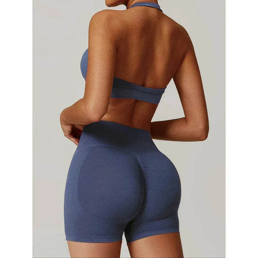 Sexy Halter Neck Beautiful Back High Waist Peach Sports Bras Shorts Suit Pilates Gathering Yoga Vest Training Fitness Bra Sets