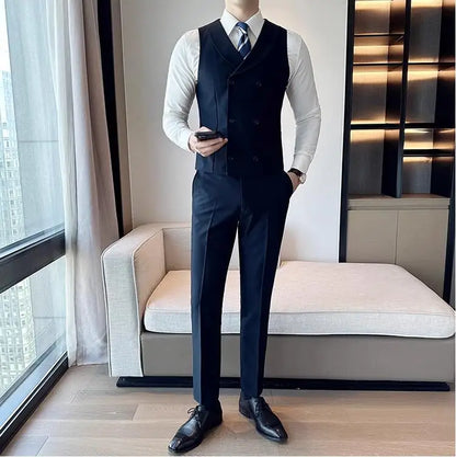 ( Vest + Pants) Men's Double-breasted Suit Vest 2 Pieces Set High Quality Business Casual Fashion Groom Wedding Dress Vest Sets