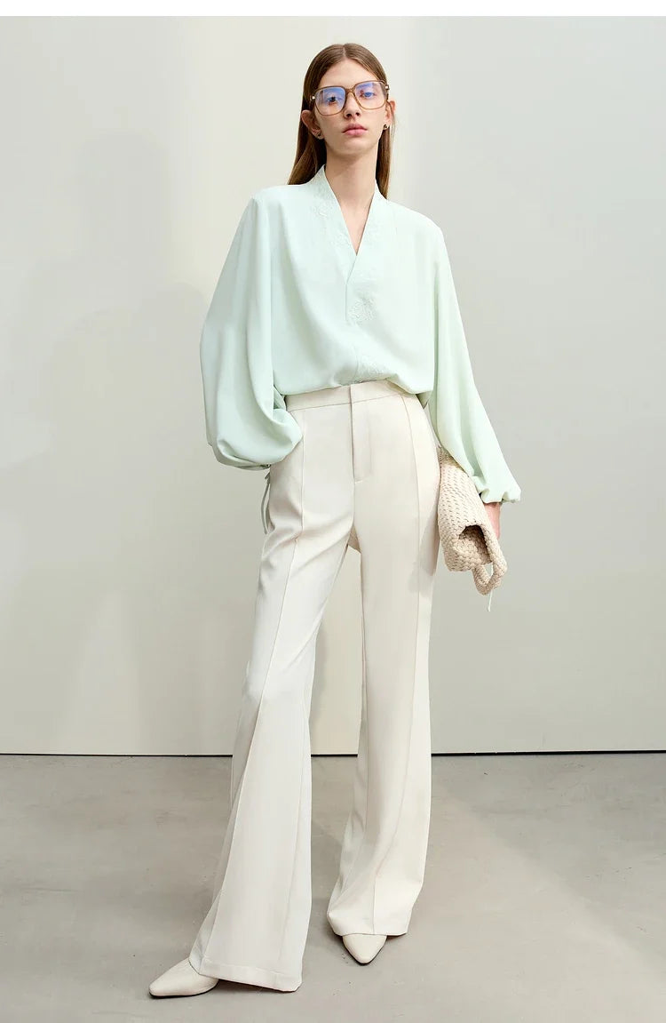 Chiffon Women's Blouse 2025 Autumn New V-neck Letter Embroidered Top Elegant Lantern Sleeve Loose Women's Shirt 12421028