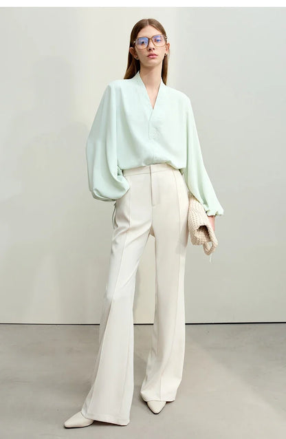 Chiffon Women's Blouse 2025 Autumn New V-neck Letter Embroidered Top Elegant Lantern Sleeve Loose Women's Shirt 12421028