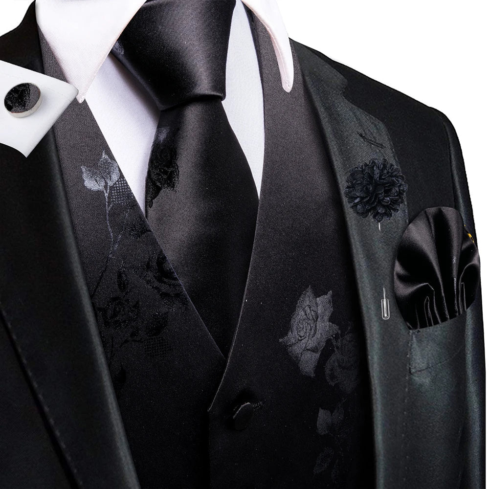Navy Blue Mens Silk Vests Business Paisley V-Necl Waistcoat Tie Hanky Cufflinks Brooch Set for Men Suit Wedding Formal Hi-Tie