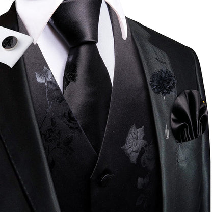 Navy Blue Mens Silk Vests Business Paisley V-Necl Waistcoat Tie Hanky Cufflinks Brooch Set for Men Suit Wedding Formal Hi-Tie