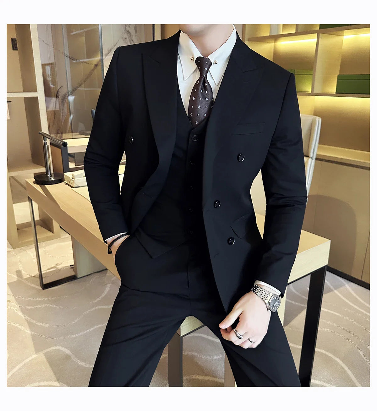 M-7XL Blazer Vest Pants High -end Brand Gray Black Men's Casual Business Double -breasted Suit Groom's Wedding Slim Men's Suit
