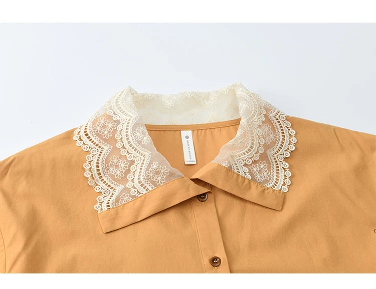 Autumn Solid Cotton Shirt Autumn V-neck Double-layer Lace Retro Design Shirts Single Breasted Tops Office Lady MXE41C2366