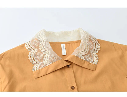 Autumn Solid Cotton Shirt Autumn V-neck Double-layer Lace Retro Design Shirts Single Breasted Tops Office Lady MXE41C2366