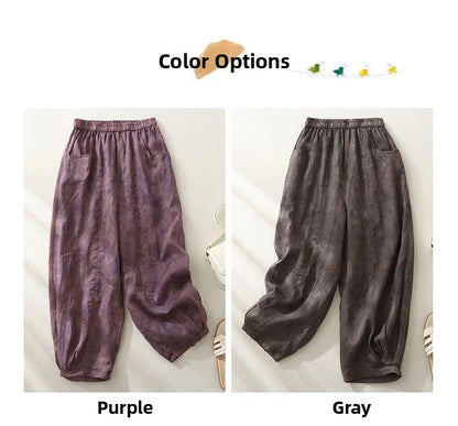 Retro Waterprint Linen Casual Nine-Piece Pants plus Size Women's Loose Elastic Waist Versatile Wide Leg Harlan Pants