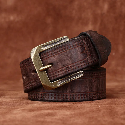 3.8CM Pure Cowhide High Quality Genuine Leather Belts for Men Brand Strap Male Brass Retro Buckle Jeans Cowboy Cintos Luxury