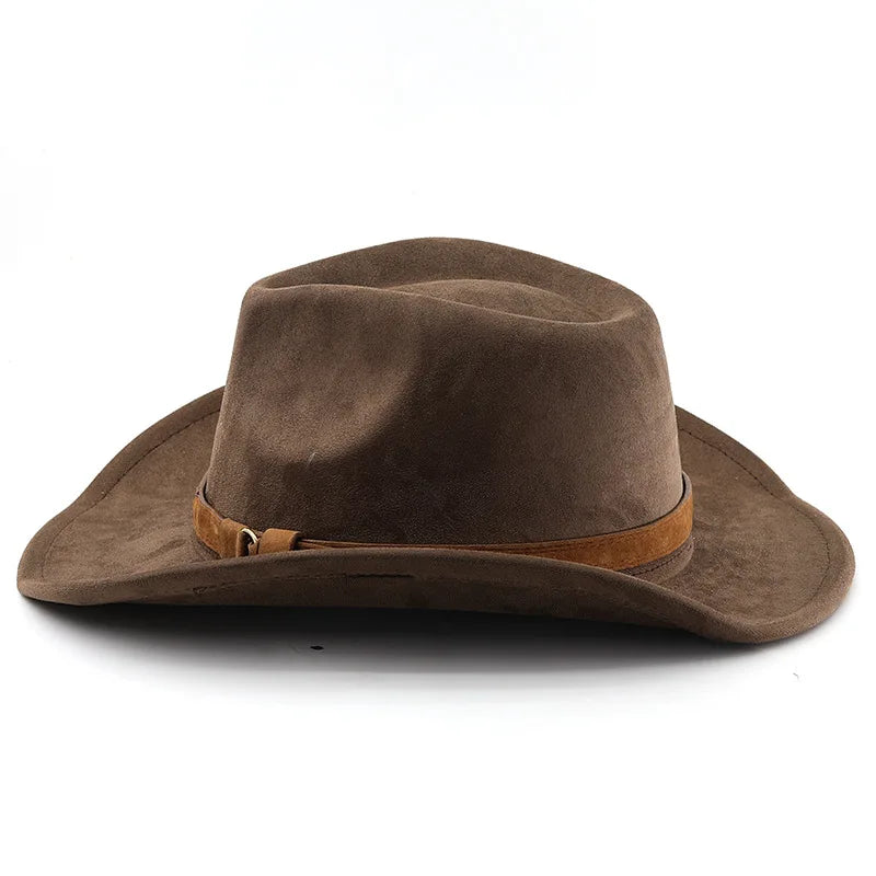 Ethnic Style Western Cowboy Hat Imitation Leather Velvet Jazz Hat Autumn And Winter Roll up Edge Fedora Hat