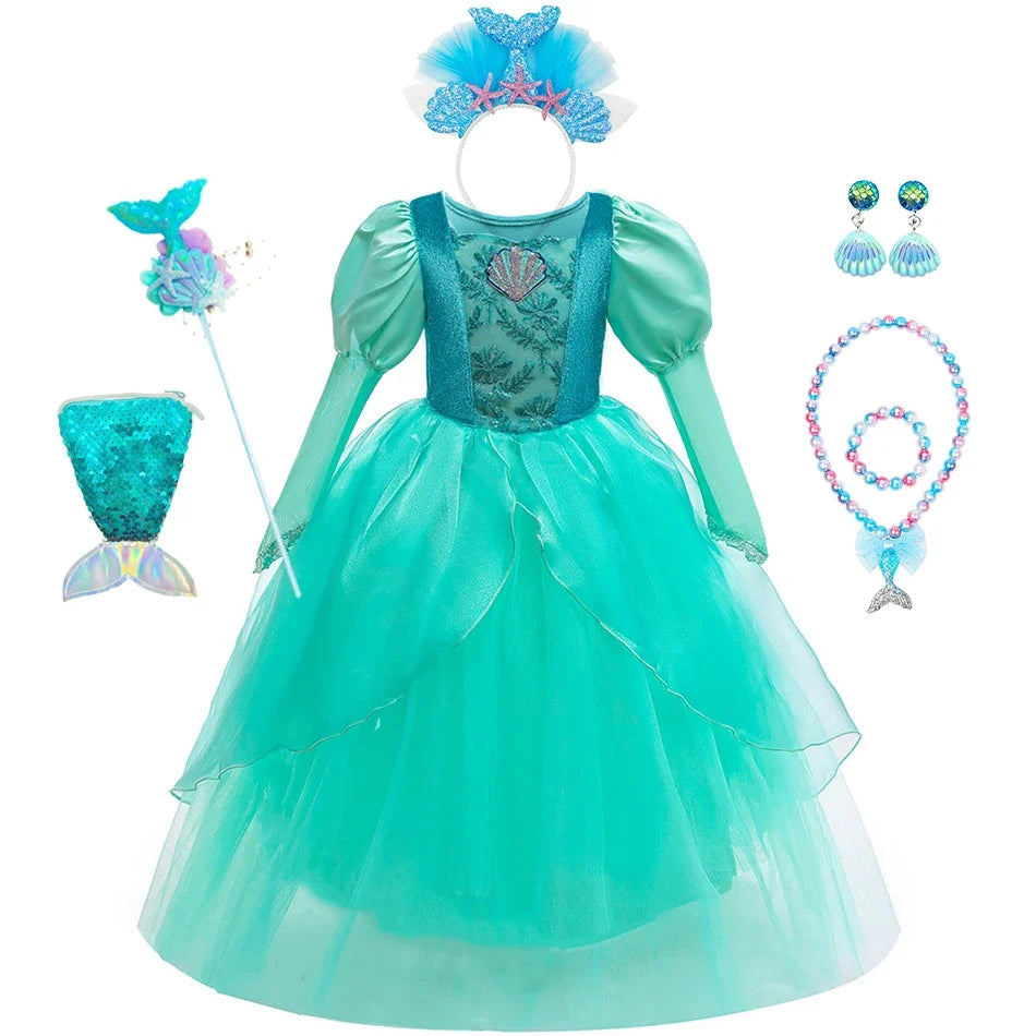 Girls Mermaid Dress Ariel Long Sleeves Cosplay Halloween Costume Kids Fluffy Tulle Shell Applique Frocks Elegant Gown