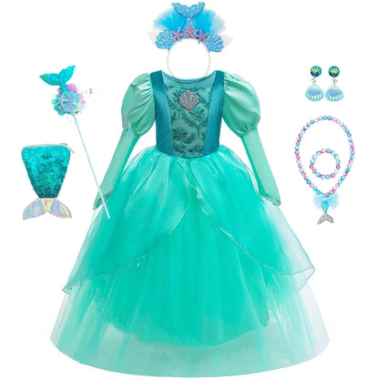 Girls Mermaid Dress Ariel Long Sleeves Cosplay Halloween Costume Kids Fluffy Tulle Shell Applique Frocks Elegant Gown