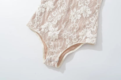 Sexy See Through Lace With Lining Backless Spaghetti Strap Bodysuit Woman Sling Tight Short Jumpsuit Slim Fit Rompers Playsuits