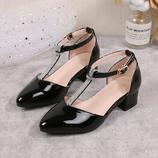 Children's Thick Heel Sandals Summer New Pointed-toe Girls' Crystal Princess Shoes Fashion Children's High-heeled Leather Shoes